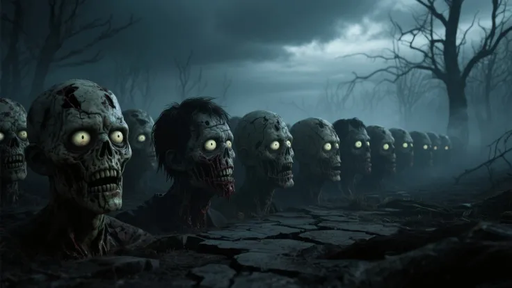 100 emoticon zombies, handsome and beautiful zombie heads, cinematic lighting, highly detailed, 8K, photorealistic, horror, dark...