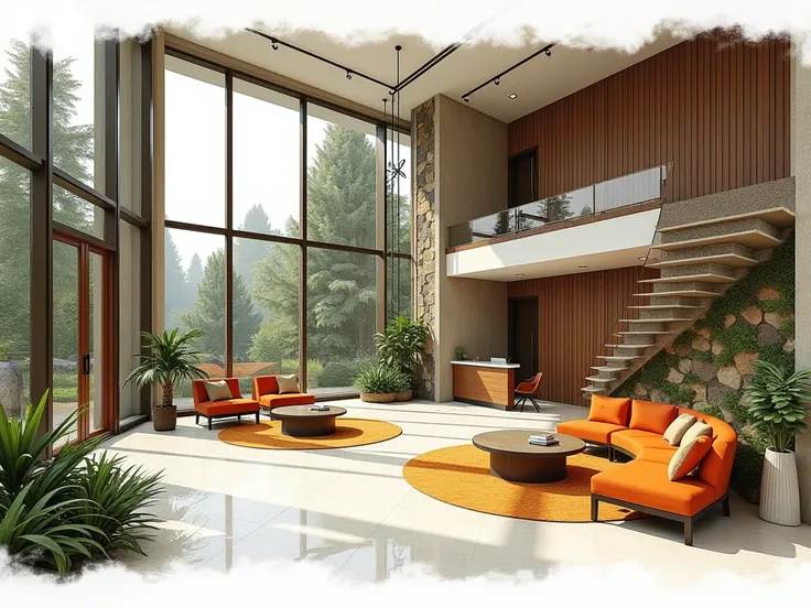in a landscape format, generate a photo that shows a two point perspectives for an interior of a proposed boutique hotel in Bagu...