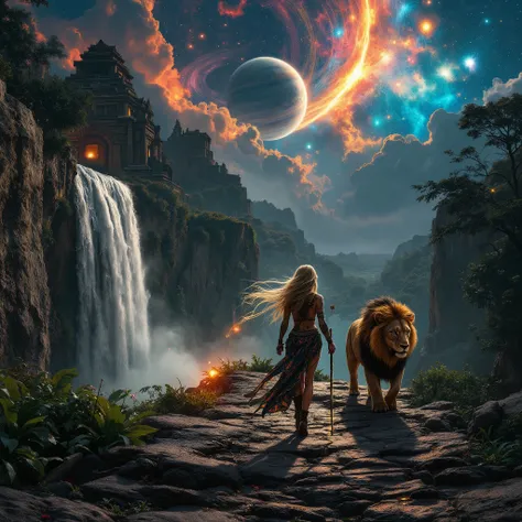 Hyper realistic, photo realism, zoomed out full body HD Photo of beautiful, Amazon warrior queen walking from a cliff with a wat...