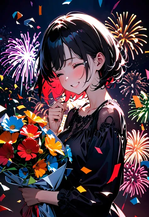 {Low quality, Low quality}, zoom layer, girls, (( wears a black blouse :1.4)), Slender, Alone, Best Smile, (big smile with close...