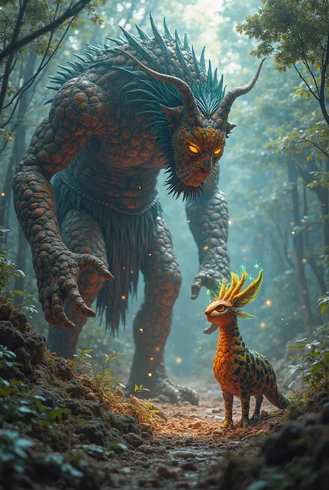 A giant talking to an Alebrije (an alebrije with the body of a jaguar, hummingbird wings, brightly colored snake tail, and owl e...