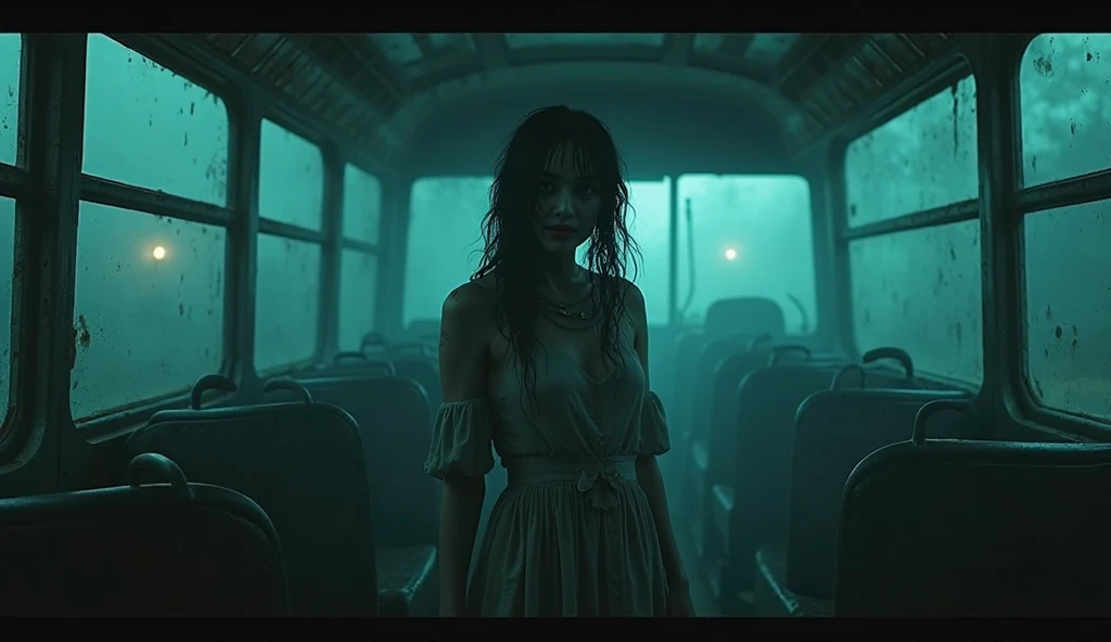 *"Dark horror story YouTube thumbnail. A ghostly woman in a wet vintage dress stands in a foggy abandoned bus at night. Pale fac...