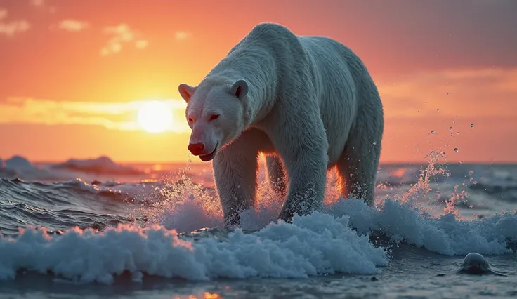 Polar bear stepping out of ocean, water rolling off oily fur, droplets frozen in motion — backlit sunset for glow effect.