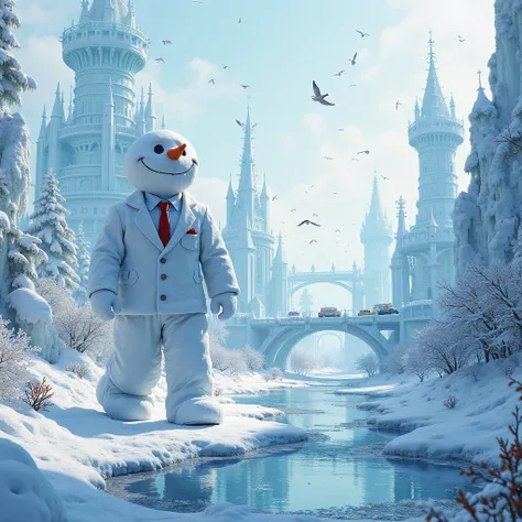 a city made with ice, cars going on a bridge, birds flying in the sky, big big snow man wearing suit going office, giant castles...