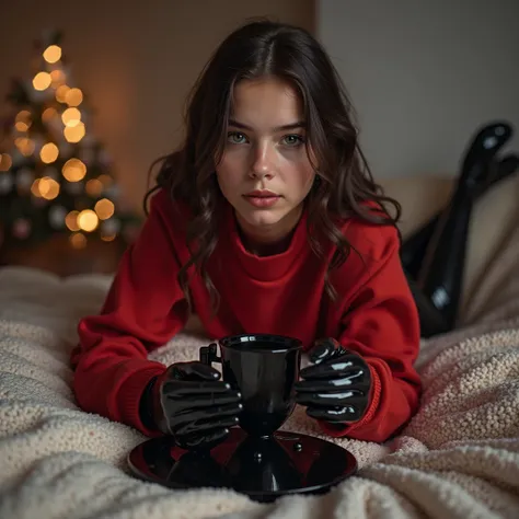 a girl trying a red long-sleeved sweatshirt and white short jeans and shiny black pvc shoes for her full enclosed bodyfit skinti...
