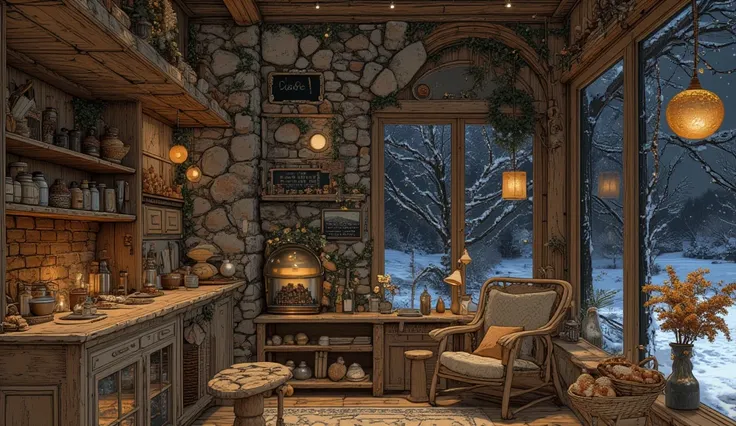 Cozy cabin with fireplace, không có cây Giáng sinhThe scene depicts a Cozy cabin with fireplace, without a rustic cafe Christmas...