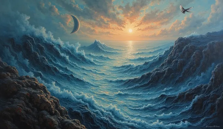 A surreal landscape where rivers flow as strands of hair, merging into a vast ocean under a twilight sky, Ultra-detailed surreal...