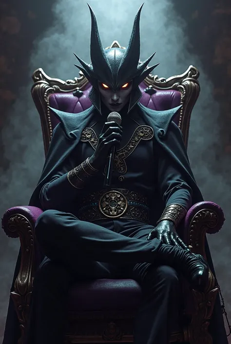 Anchor,Yu-Gi-Oh Evil Double Star,high quality,Highlight light and shadow,sits in a chair and talks into the microphone