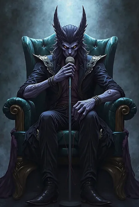 Anchor,Yu-Gi-Oh Evil Double Star,high quality,Highlight light and shadow,sits in a chair and talks into the microphone