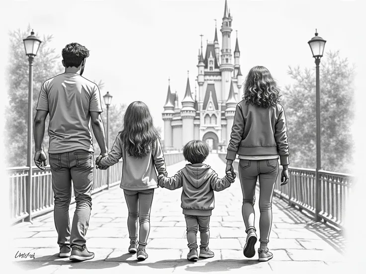 A high-resolution, photorealistic image of a "familia jovem caminhando Ponte na disney", digitally stylized to look like a reali...