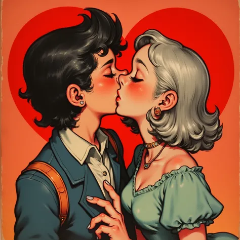 1950s, couple kissing, the camera in the foreground up close, the boy with wavy black hair, is dressed in vintage rock style, th...