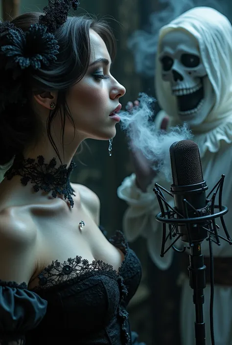 A Tim Burton-esque pale beauty in a Victorian lace corset whispers gothic poetry into a crystal microphone, her ghostly co-host ...