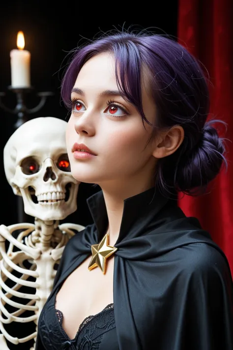 GENERATES A GIRL WITH SHORT PURPLE HAIR WITH A CAPE. LOOKING UP FROM THE FRONT OF THE SHOULDERS, BLACK SKELETON, SHE HAS A RED E...