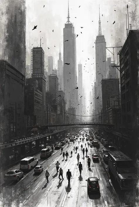 Une grande ville dessinée dans un style de croquis de charbon de bois ou au graphite ,eclairage à contraste un peu élevé 