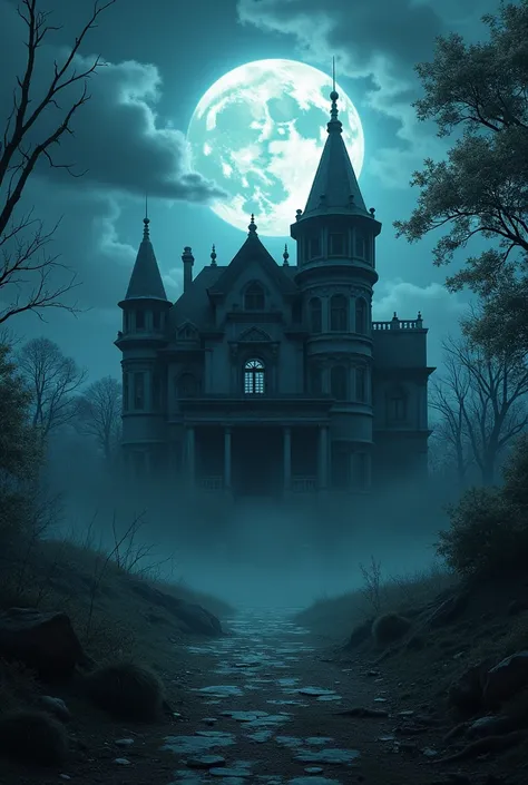 An abandoned, haunted South Asian mansion at night, broken windows, overgrown plants, full moon behind clouds, fog surrounding t...
