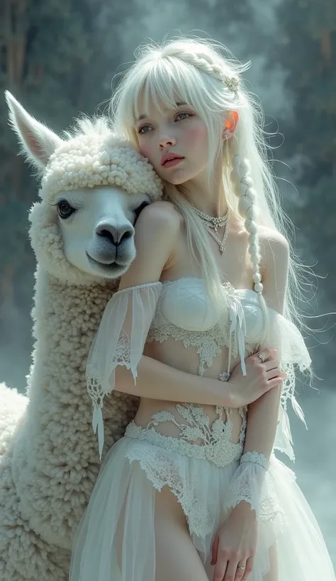 full-length image:A whimsical, delicate woman with white hair adorned with a mess of braids and bangs, wearing an intricate whit...