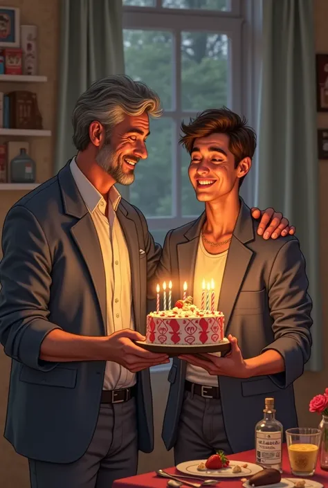 Father congratulating his 28-year-old son Alex with a birthday cake with the Barcelona coat of arms