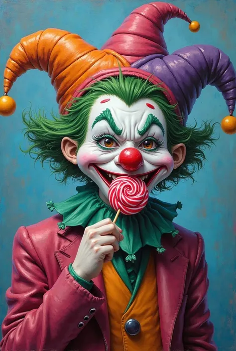 The is painted like a joker and licks a lollipop
