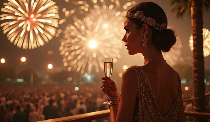 A glamorous 1920s woman in a vintage flapper dress, holding a champagne glass, standing with her back to a dazzling fireworks di...