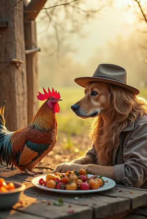Write a funny and unexpected short story where a hungry rooster suddenly jumps in between a farmer and his loyal dog while they ...
