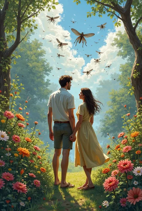 make a picture of a couple of lovers, Pria jangkung kurus, Wanita gemuk , afraid locusts are ruining flowers in the garden.