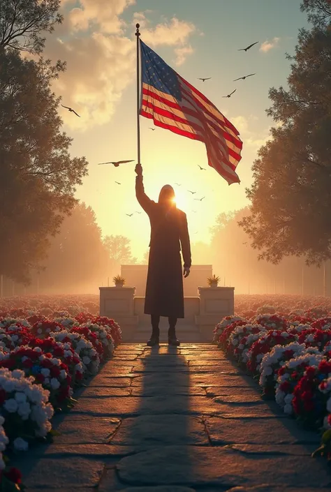 An emotional and symbolic scene of Memorial Day. The natural environment bathed in the soft light of sunrise—the backdrop is the...