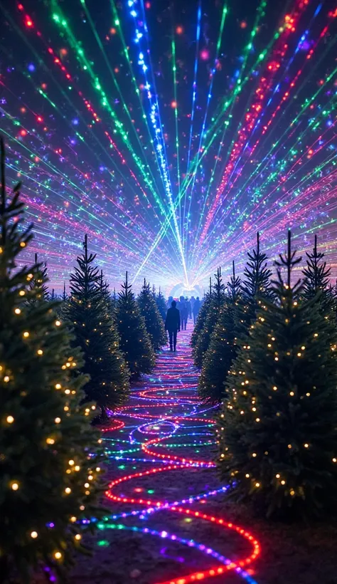 A laser light show at a christmas tree farm