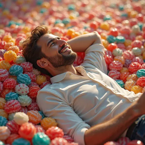 Homme brun allonger dans un tas de bonbons dragibus