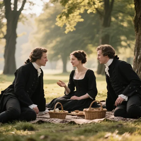 Beautiful woman sitting and chatting with two men dressed in 18th century European black attire at a picnic。Realistic like a rea...