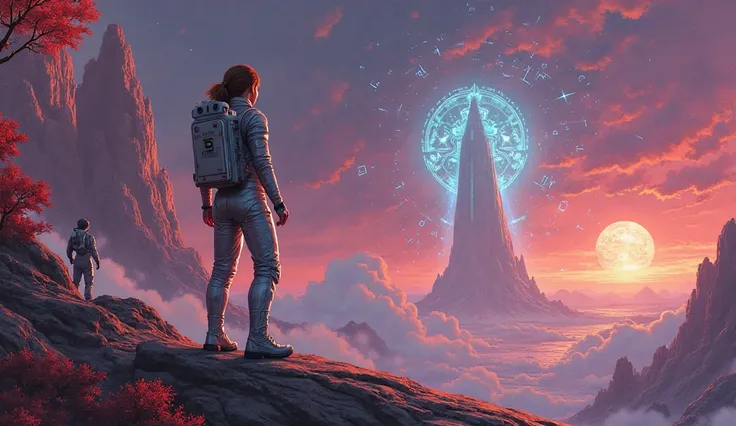 An epic, stylized sci-fi illustration showing Captain Rhea Solis—an empowered female astronaut in a sleek, reflective silver sui...