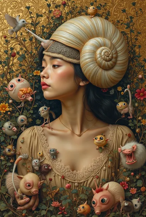 A surreal portrait of a young Asian Filipina woman with a snail head, blending realism and fantasy. Her body is elegant and calm...
