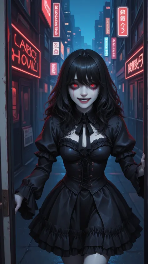 A close-up of a mysterious girl in the Tokyo Ghoul art style, standing against the backdrop of a dark, neon-lit Tokyo cityscape ...