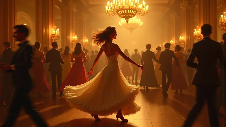 113. A woman is caught mid-spin in a candlelit ballroom, her dress flaring around her legs. Her smile is radiant, but her eyes g...