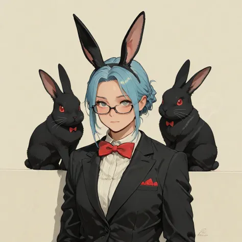 Male Characters。Blue hair、wearing glasses。black rabbit ears and tail。with a muscular body、has a heart-shaped decoration on the c...