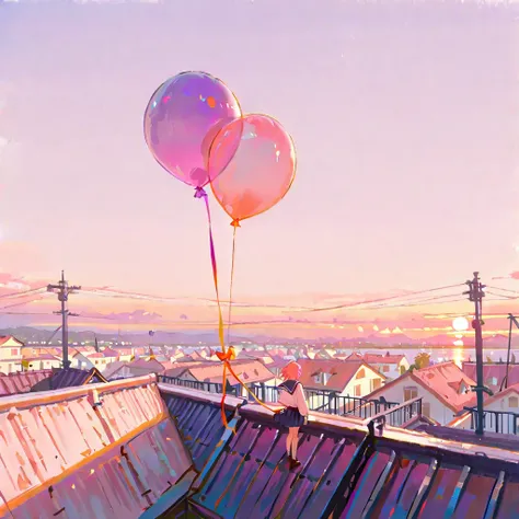 masterpiece, best quality, 8k, cinematic sunset
School rooftop at golden hour, single balloon released into the sky;
balloon...