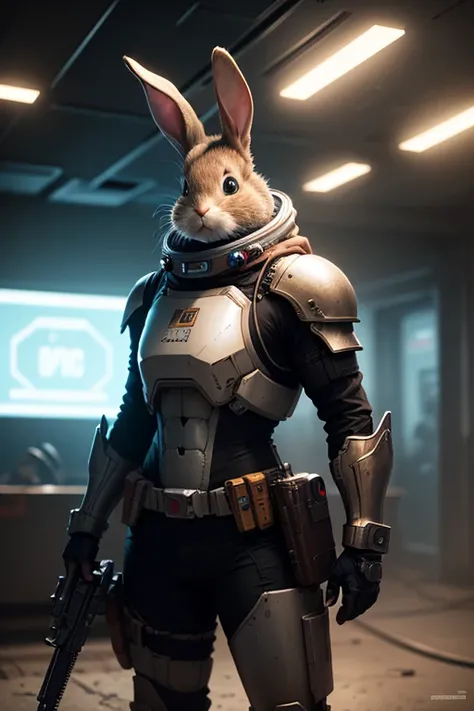 (angry anthropomorphic rabbit), space bounty hunter outfit, sci-fi armor, holding a large futuristic gun, ((cinematic lighting))...