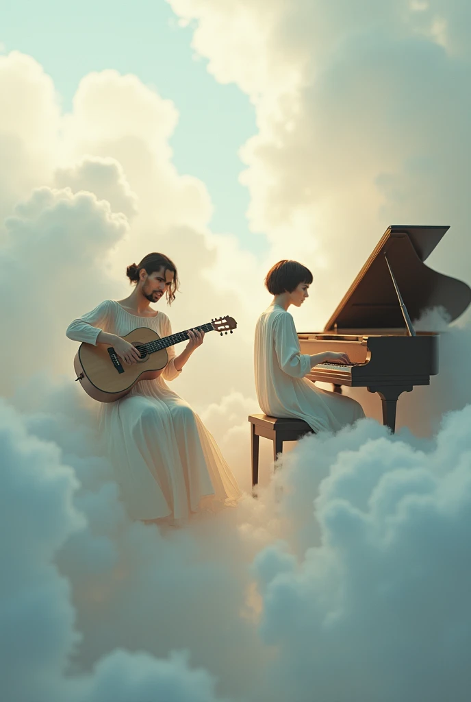 The model is sitting in the clouds playing a guitar and the other one playing the piano
