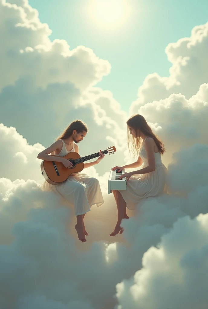 The model is sitting in the clouds playing a guitar and the other one playing the piano