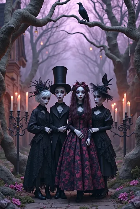 Make a beautiful gothic image with the sign “happy goth world day”
hyperrealistic Tim Burtom style purple colors.