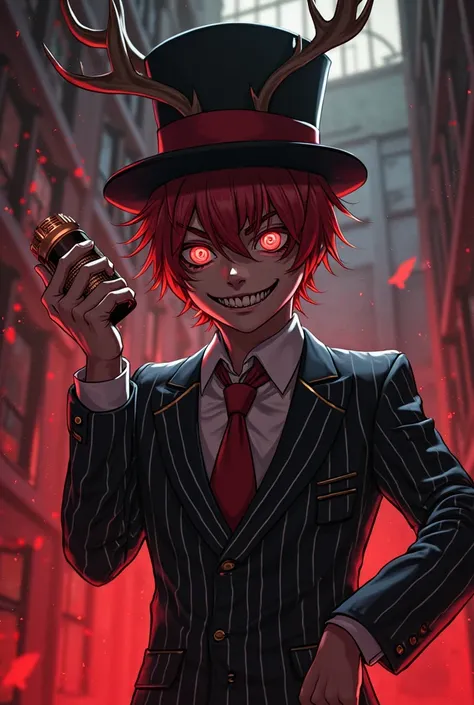 Alastor from the Hazebine Hotel scares and seduces the viewer..
, Looking up at the character, full body drawing, full body, ca...