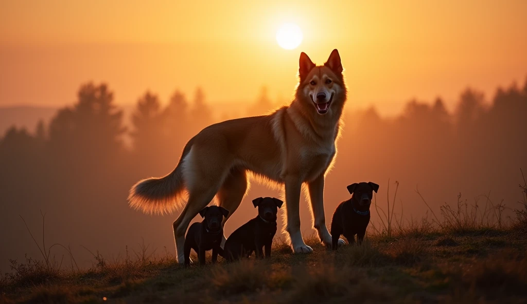 A heroic shot of the mother dog (Willow), standing tall on a hilltop at sunrise with a group of rescued puppies at her feet. Her...
