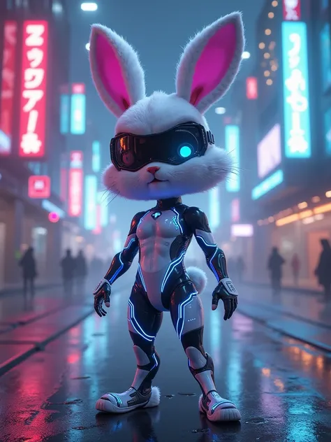 a futuristic anthropomorphic female rabbit character inspired by Lexi Bunny, sleek athletic body, neon-lit armor, glowing cybern...