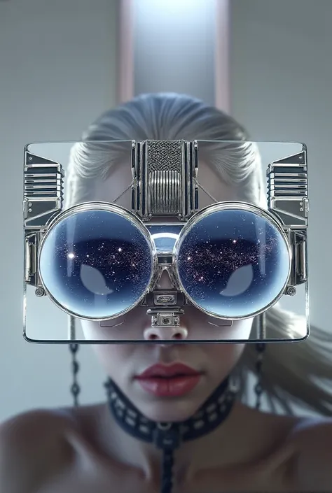 The model wears glass sunglasses, on which depict stars and the moon