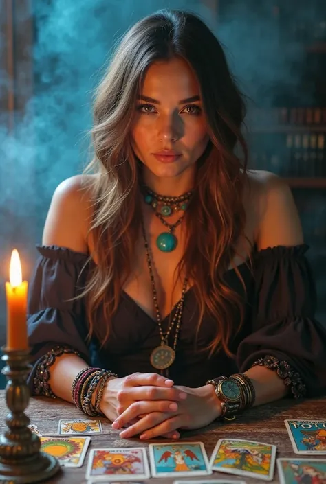 A mysterious and confident female tarot reader sitting at a wooden table covered with colorful tarot cards. She has long, wavy b...