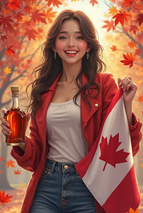 Brunette girl with Canadian flag and a maple syrup, she also likes kpop