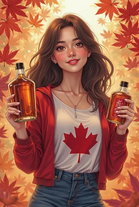 Brunette girl with Canadian flag and a maple syrup, she also likes kpop