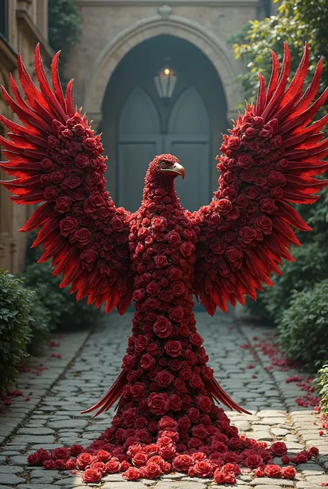 a majestic eagle made entirely of roses: his body is made up of intertwined vines and his wings are made of hundreds of rose pet...