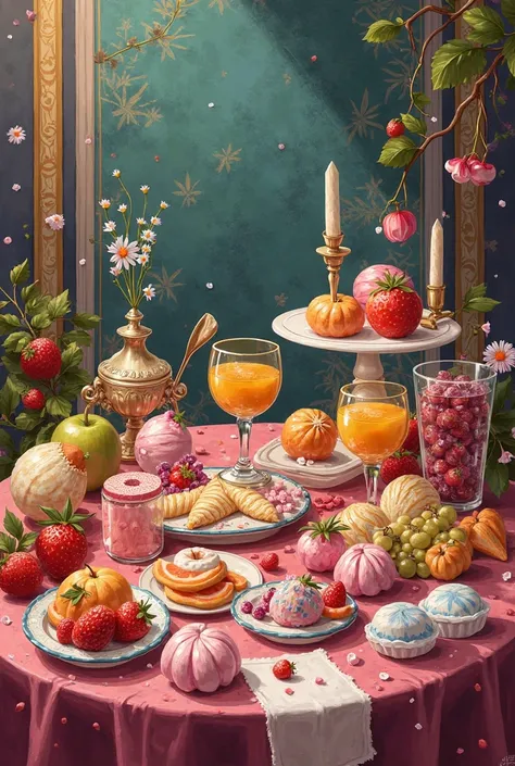 illustrations of candy, fruits, utensils and an elegant background.