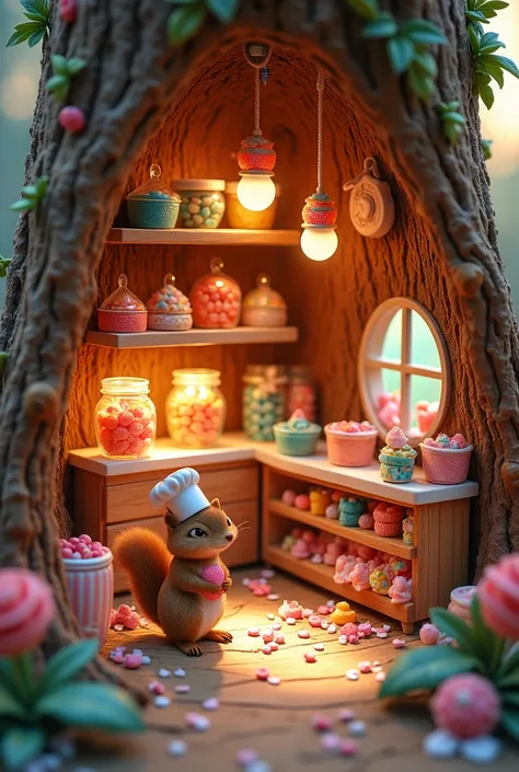 (((Tiny pastel wonderland))), ((hyper-detailed)), A magical mini candy shop inside a hollowed-out tree stump, with shelves made ...