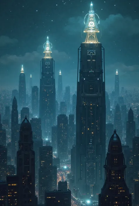 A night in a city full of luxury buildings, where on top of all the buildings is a triangle with an eye inside it.